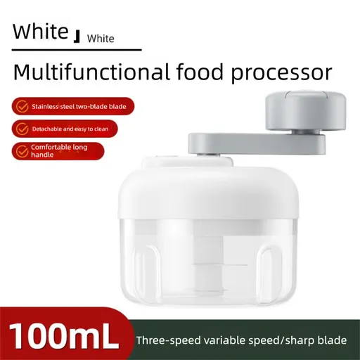 Manual Mini Garlic Chopper & Food Processor 100ml Portable 3-Speed Hand-Crank Mincer – White Edition