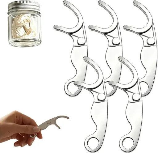 5Pcs Reusable Stainless Steel Floss Pick Set, Metal Dental Flosser & Refillable Floss Holder, Minimalist Portable Permanent Teeth Cleaner with Travel Case, Oral Care Gift for Men, Women - Silver - Size 5Pcs