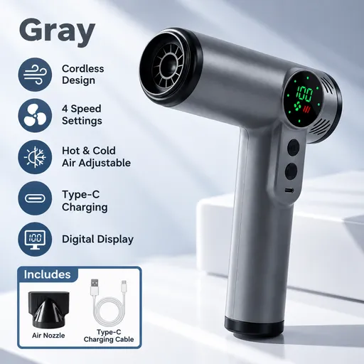 Gray RT301 Rechargeable Cordless Hot & Cold Hair Dryer - 200W Portable Digital Display Blow Dryer with 4 Temperature Settings and Type-C Charging for Travel & Home