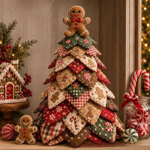 Gingerbread Man Themed DIY Fabric Quilted Christmas Tree Kit for Handmade Layered Festive Tabletop Tree, Christmas Home Decor and Holiday Craft Gift