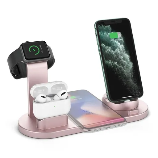 Wireless Charger Dock 3 in 1 Charging Station Wireless Charger Stand for Apple iPhone Watch -Rose gold
