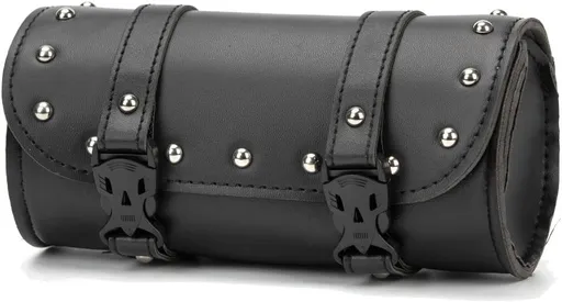 Motorcycle Tool Bag, Universal Bicycle Handlebar Fork Bag, Black PU Leather Roll Saddlebags, Waterproof Storage Bag with 2 Straps