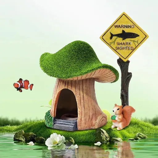 Fish House for Aquarium Decoration Green Moss Mushroom House, Resin Fish Tank Decoration, Fish and Shrimp Shelter Landscape Cave