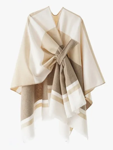 European and American minimalist cross-tie plaid cape cloak, acrylic warm versatile autumn winter outerwear fashion piece(creamy white)