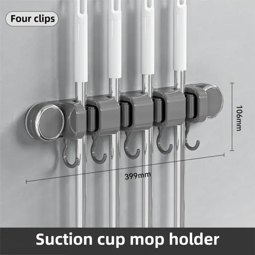 Grey Vacuum Suction Cup Mop & Broom Holder with 4 Roller Clips + 5 Hooks - Heavy Duty Waterproof Rack for Bathroom & Kitchen