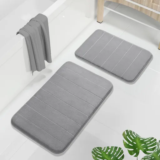 2 Pack Coral fleece Bathroom Rug Set, Soft Absorbent Non-Slip Mats for Tub, Shower and Sink, Machine Washable, Grey, 43.2 x 61 cm and 80 x 51 cm