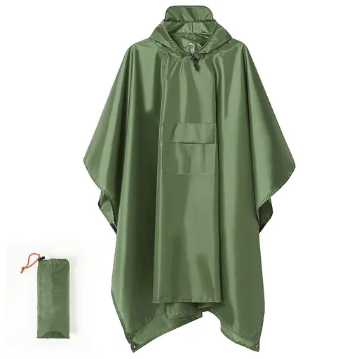 Green Portable Outdoor Camping Poncho - Can be used as Raincoat, Tarp, Ground Cover