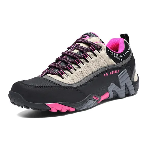 Lefectic Hiking Shoes Genuine Leather Waterproof. Black rose red 36