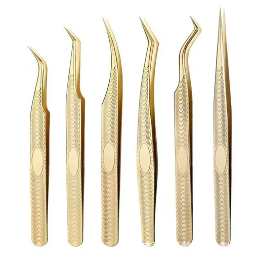 6 pack Lash Tweezers for Eyelash Extension, Professional Lash Extension Tweezer Set, High Precision Eyelash Tweezers for Volume Eyelash Extensions (Gold, 6 PCS Set)