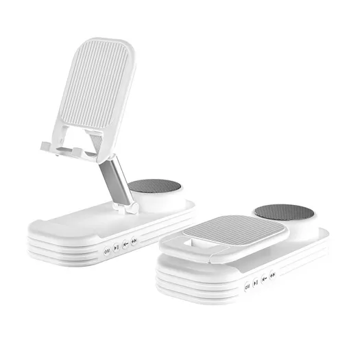 Foldable Desktop Phone Stand with Bluetooth 5.3 Speaker - Adjustable Angle & Height, TF/Line-In(white)