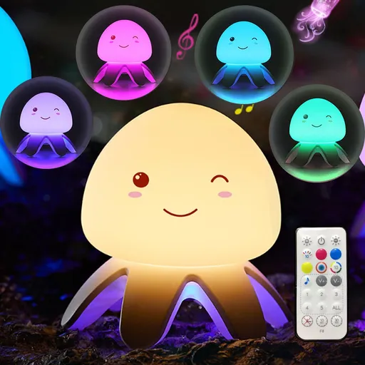 Night Light for Kids, Color Changing Jellyfish Silicone Lamp with Remote and 5 Sleeping White Noise, Rechargeable LED Night Light