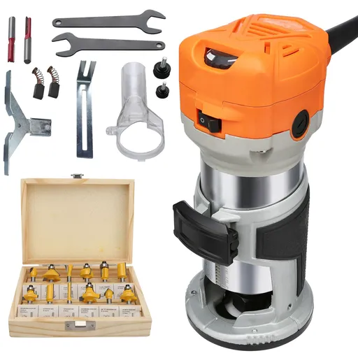 Wood Router, 1.25HP 800W, Compact Wood Trimmer Router Tool, 30000RPM Max Speed 6 Variable Speeds, with 1/4'' & 5/16'' Collets 12 PCs Milling Cutters Dust Hood, for Woodworking Slotting Trimming