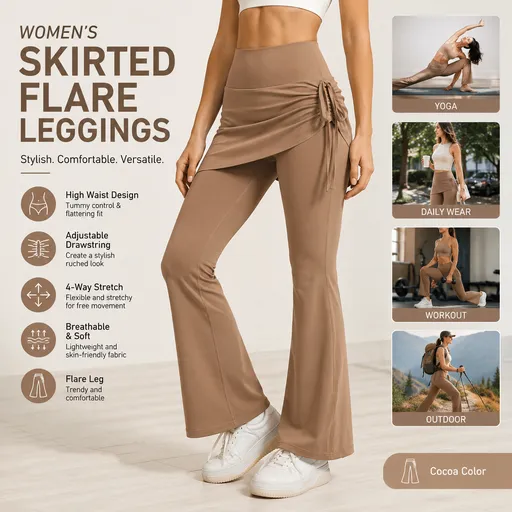 Women's High Waist Skirted Flare Yoga Pants with Adjustable Ruched Drawstring (XXL size)- Light brown Faux Two Piece Bootcut Leggings for Pilates, Gym Workout, Running, Dance and Everyday Wear