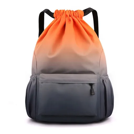 Nylon Gradient Drawstring Sports Backpack Water-Resistant Gym Bag with Multiple Pockets Gray - S