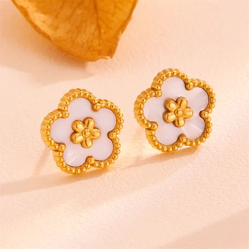 White Shell Five-Petal Flower Stud Earrings - 18K Gold Plated Stainless Steel Floral Jewellery for Women - Hypoallergenic & Tarnish Resistant (13mm)