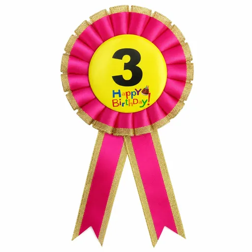 Kids Birthday Badge Rosette with Ribbon Party Favour Fancy Dress - Age 3 Pink