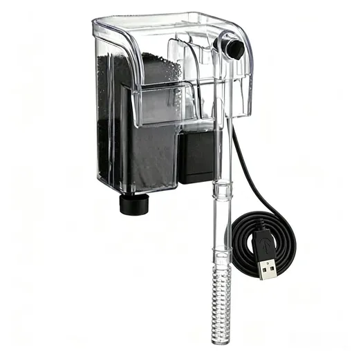 Ultra-slim hang-on aquarium filter, suitable for tanks up to 20 liters; features three-stage adjustable filtration, a flow rate of 250 L/h, and 3W power; USB-powered model.