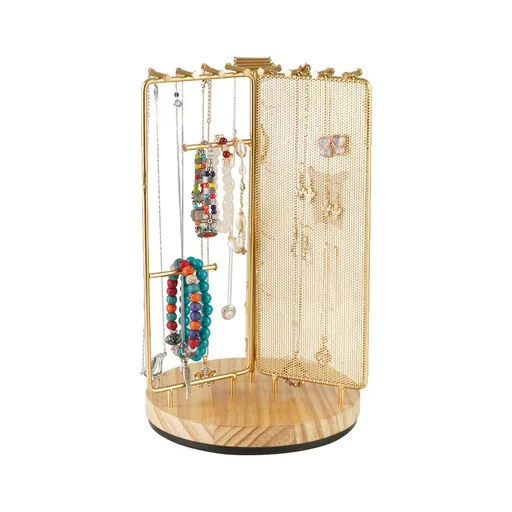3 in 1 Jewelry Stand Display Multi Tiers Wooden Swivel Base Jewelry Display Holder for Necklace Gold