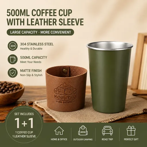 Green 304 Stainless Steel Camping Coffee Cup with Leather Sleeve – 500ml Portable Outdoor Drinking Cup, Beer Cup, Travel Mug for Camping, Hiking, Picnic and Daily Coffee