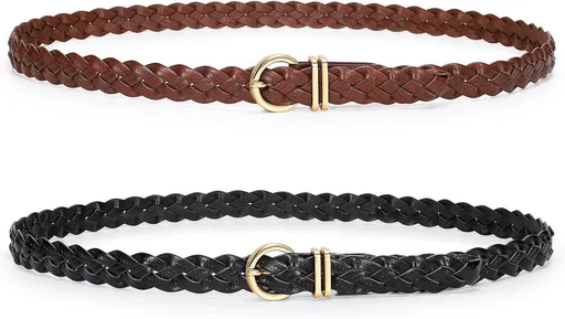 2 Pack Women's Skinny Braided Leather Belts Thin Woven Waist Belts for Jeans Pants Dresses