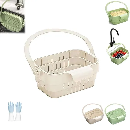 Foldable Hanging Sink Drain Basket Stretchable Kitchen Colander with Flip Cover Space Saving Food Strainer, Multi-functional Faucet Storage Rack Draining for Fruits Vegetables Utensils