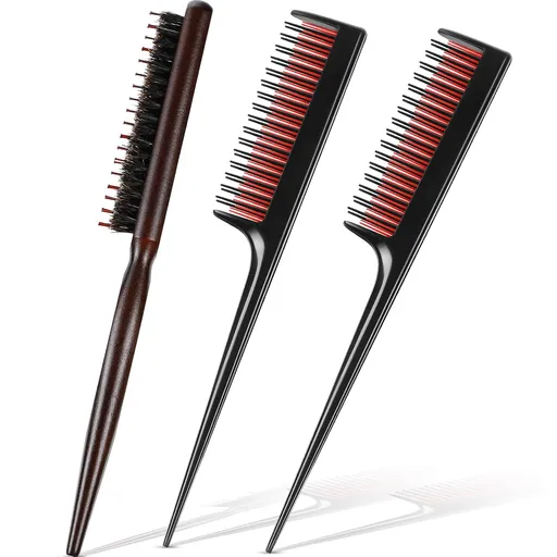 3 Pcs Hair Teasing Comb Set Includes 2 Nylon Triple Comb and Boar Bristle Teaser Brushes for Women Stylist Men Backcombing Slicking Curly Thick Wet Hair(Black)
