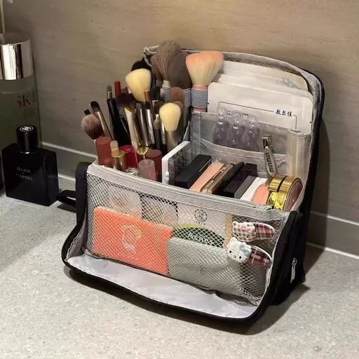 Portable Multi-Functional Toiletry Bag, Stand-Up Large-Capacity Storage Bag for Makeup Brushes, Cosmetics, and Toiletries, Jinbu Multi-Compartment Storage Bag - Black