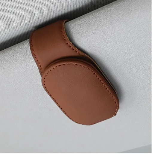 Car Sunglasses Holder PU Leather | Sun Visor Holder | Glasses Holder | Reading Glasses Holder | Storage Clip | Brown