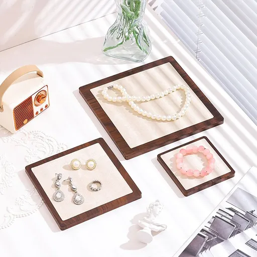 Multi-Size Square Wooden Jewelry Display Set of 3, Beige Suede Lined Accessory Storage Trays, Aesthetic Background Prop for Jewelry Photography, Boutique Counter & Vanity Decor