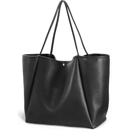 Oversized Tote Bag Soft Faux Leather Black Minimalist Design