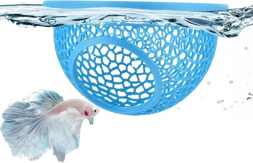 Floating Betta Hide & Shrimp Cave – 3D Printed Aquarium Hammock, Feeder & Rest Spot – Floating Betta Log & Cave Decor for Nano Tanks, Corydoras, Shrimp & Small Fish – Safe PLA, Patent Pending - Blue - Size S