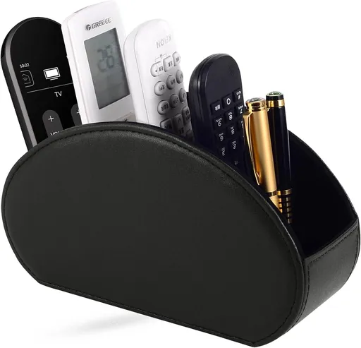 Tv Remote Holder Tray with 5 Compartments,PU Leather Remote Control Holder/Caddy Nightstand Decoration,Placed Media Remote Storage Box/Glasses/Makeup Brush/Office Products/Desktop Organizer (Black)
