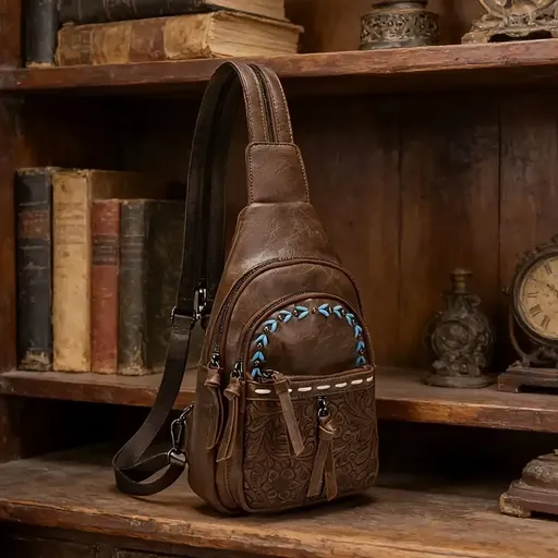 Vintage Bohemian Multi-Functional Chest Bag | PU Embossed 3-in-1 Bag, Exuding Bohemian Charm/coffee color
