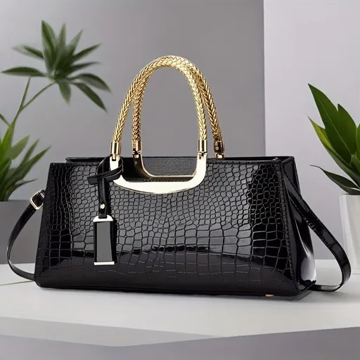 Black Tote Bag Patent Croc Embossed Gold Handles Stylish Accessory High Quality - Light Gray - Size L