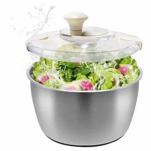 Stainless Steel Salad Lettuce Spinner with Lid, Basin, Drain Frame and Non-Slip Base,Compact Manual with Quick
