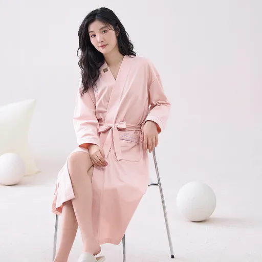 Pink 2XL size Women's Cotton Robe — Autumn/Winter Bathrobe & Morning Gown | Long Sleeve, Mid-Length, Plus Size | Loose, Comfortable, and Machine Washable | Suitable for All Seasons