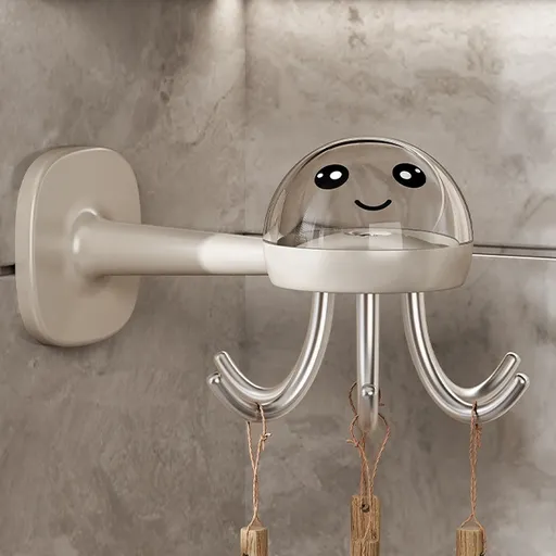 Octopus Rotating No-Drill Hook, Multi-Purpose Strong Adhesive 6-Claw Kitchen Utensil Wall Storage Rack—Beige