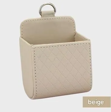Beige Leather Car Air Vent Storage Bag - Multi-Purpose Phone Holder & Organiser Pouch for Sunglasses, Keys, Cards - Universal Fit, Easy Install, Compact Design for Dashboard Tidy