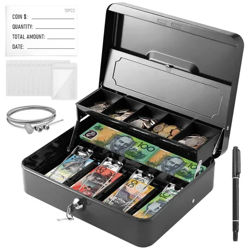 Portable Heavy-Duty Metal Cash Box with Key Lock & Security Cable Lock Suitable for Small Business
