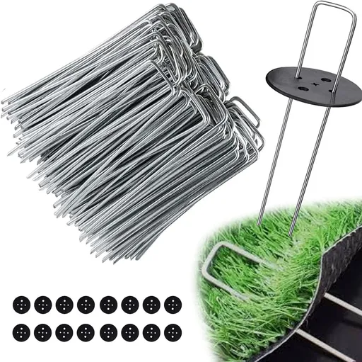 Weed Foil Spikes - U-shaped Ground Pegs - Garden - Artificial Grass - Ground Pegs, Tent, Heavy Metal - 100 pieces + 16 Buffer Rings