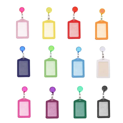 12 Sets Badge Holders, Retractable Badge Reels with Multicolor PU Leather ID Card Holders and Clips for Nurses and Doctors, White