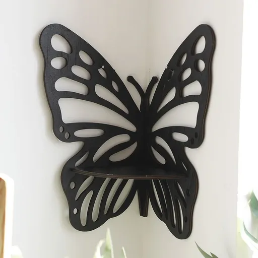 Black Wooden Butterfly Wall Shelf - Hollow-Out Decorative Corner Storage Rack for Home & Bedroom