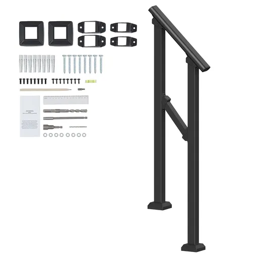 Handrails for Outdoor Steps, 1-2 Step Stair Hand Rail Kit, Transitional Carbon Steel Railings with Installation Kit, Stair Rails for Seniors, Concrete Steps & Porch & Deck, Black Square Tube