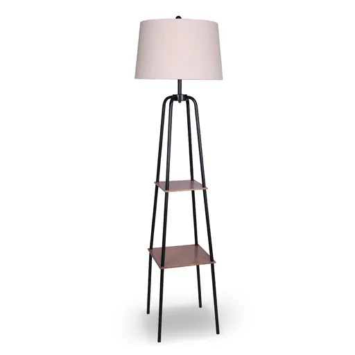Sarantino Industrial Etagere Shelf Floor Lamp with 2 Wood Finish Metal Shelves Cream Linen Shade Standing Light