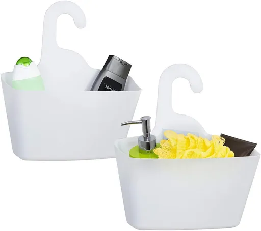 Hanging Shower Baskets Set of 2 - Hangable Shower Rod Basket Rack with Hook - Hanging Bathroom / Shower Basket Bathroom Basket Shampoo Holder with Hanging Hook - Hang Shower Basket Without Drilling and Screwing - White