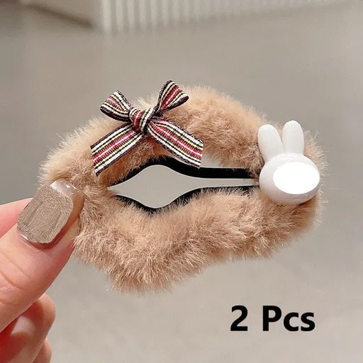 Plush Rabbit Cloud Hair Clips 2 Pcs Pearl Bow Decor BB Pins Pastoral Style Daily Wear Holiday Accessory
