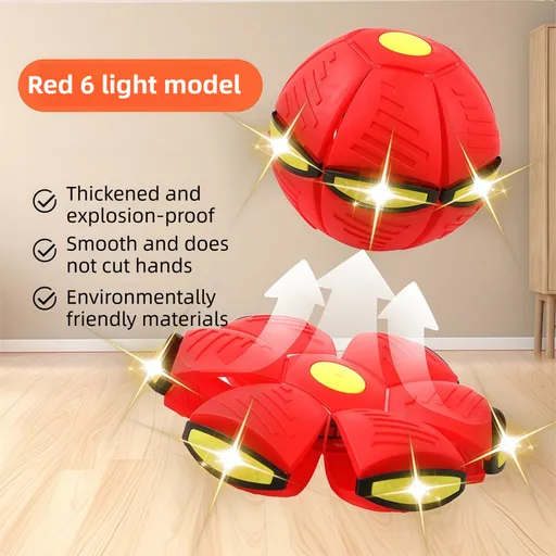 Red LED Transforming Flying Disc Ball Toy with Music & 6 Light - Soft EVA Bounce Ball and Frisbee Shape Switchable Outdoor Interactive Soccer Toy for Exercise and Fun