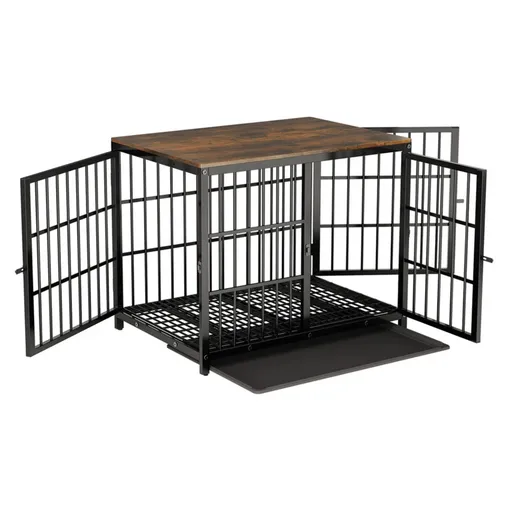 Dog Crate Wooden Furniture Style XL with 3-Door Entry and Removable Tray Black Walnut