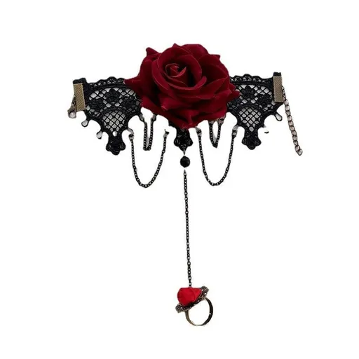 Gothic Lace Bracelet with Finger Ring Rose Flower Slave Bracelet Lolita Party Harness Hand Chain for Women Bride Girls