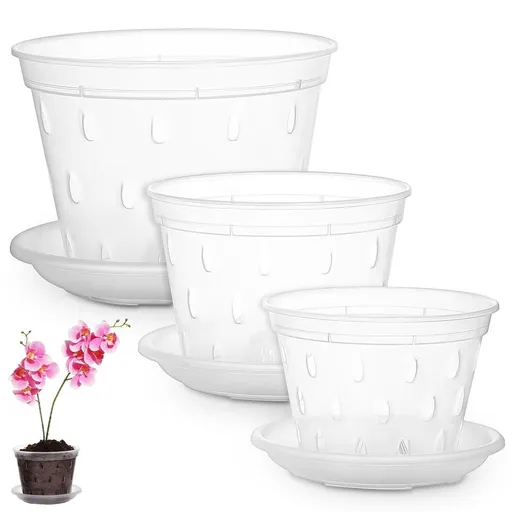 Set of 3 Translucent Plastic Orchid Pots with Drainage Holes and Saucers, 4', 5', 6' for Garden and Indoor Flowers